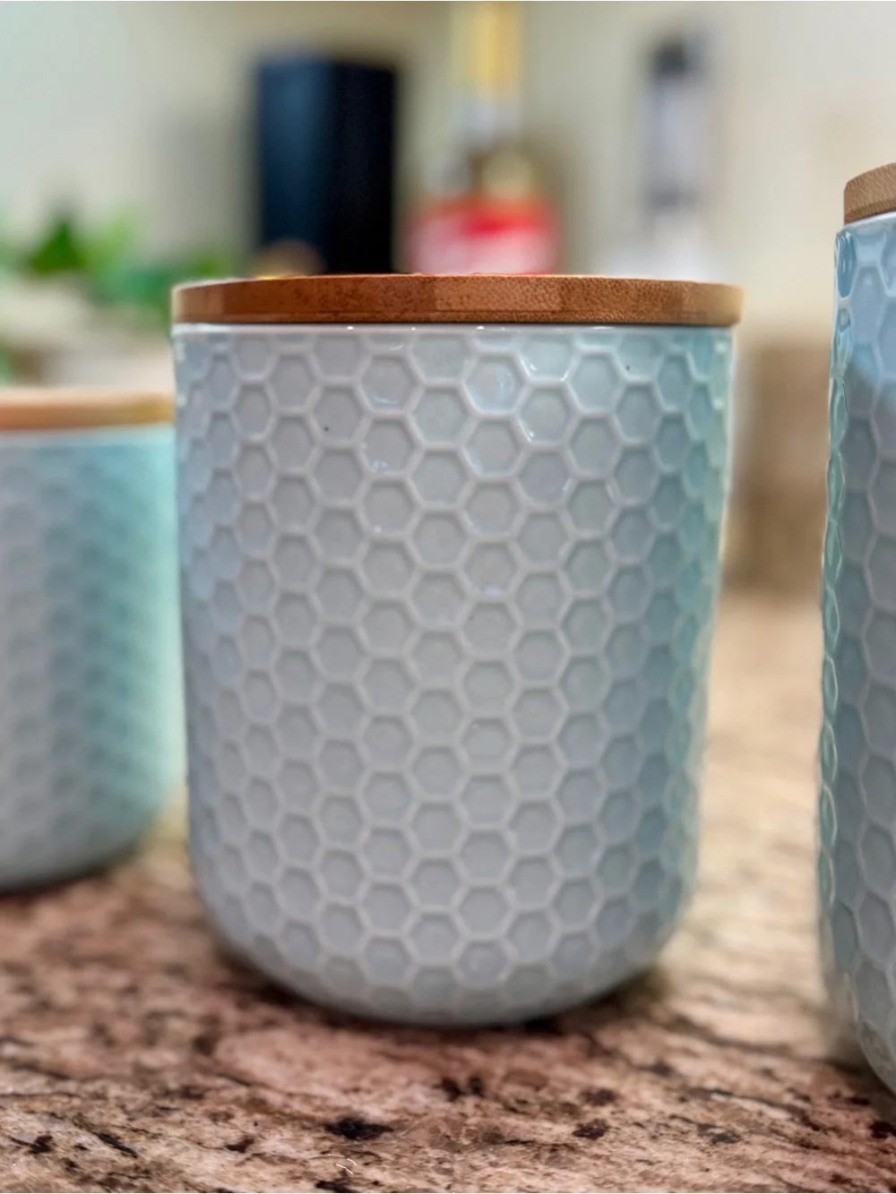 Circo Light Blue Honeycomb Ceramic Kitchen Canister Set with Bamboo Lids